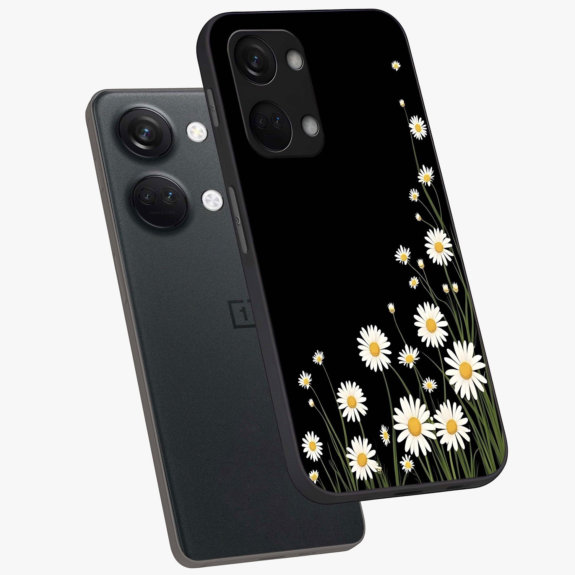Daisy Cascade on Black Glass Case for 1+Nord 3 angled mockup showcasing glossy finish and bold floral contrast