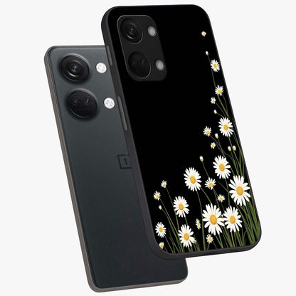 Daisy Cascade on Black Glass Case for 1+Nord 3 angled mockup showcasing glossy finish and bold floral contrast