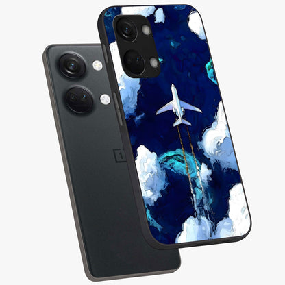 Dark Airplane Glass Case for 1+Nord 3 angled mockup showcasing glossy finish and dramatic sky tones