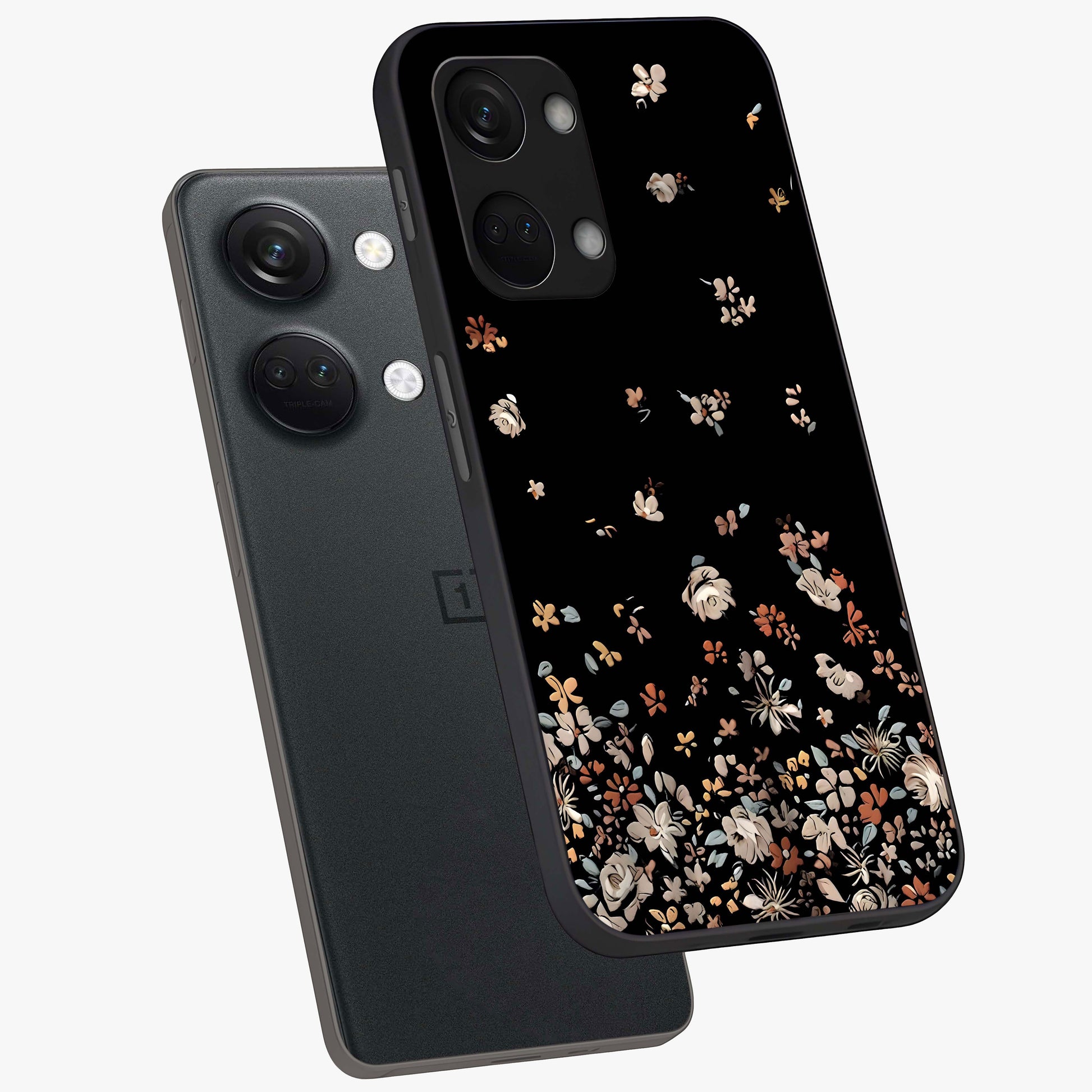 Dark Petal Aesthetic Glass Case for 1+Nord 3 angled mockup showcasing glossy finish and dramatic petal detailing
