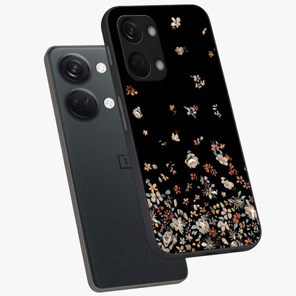 Dark Petal Aesthetic Glass Case for 1+Nord 3 angled mockup showcasing glossy finish and dramatic petal detailing