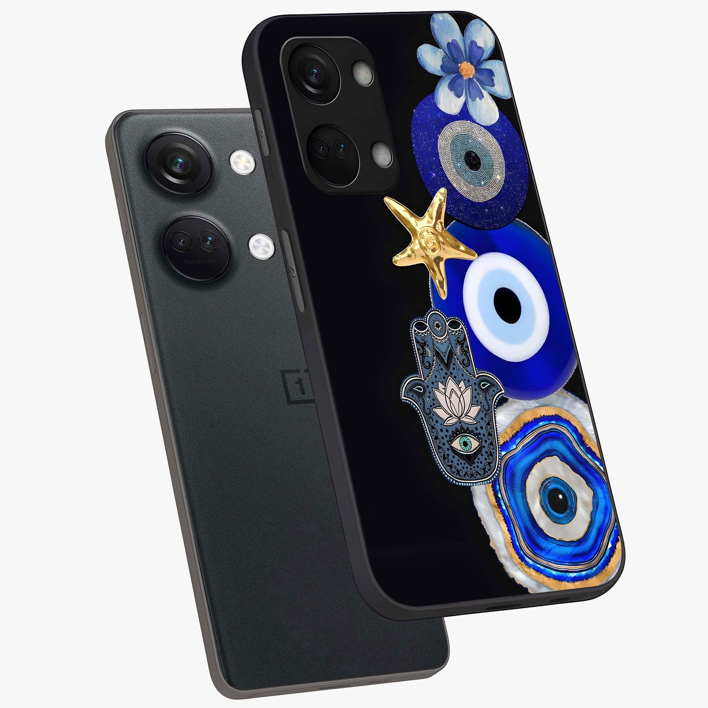 Divine Eye Bloom Glass Case for 1+Nord 3 angled mockup showcasing glossy finish and vibrant protective detailing