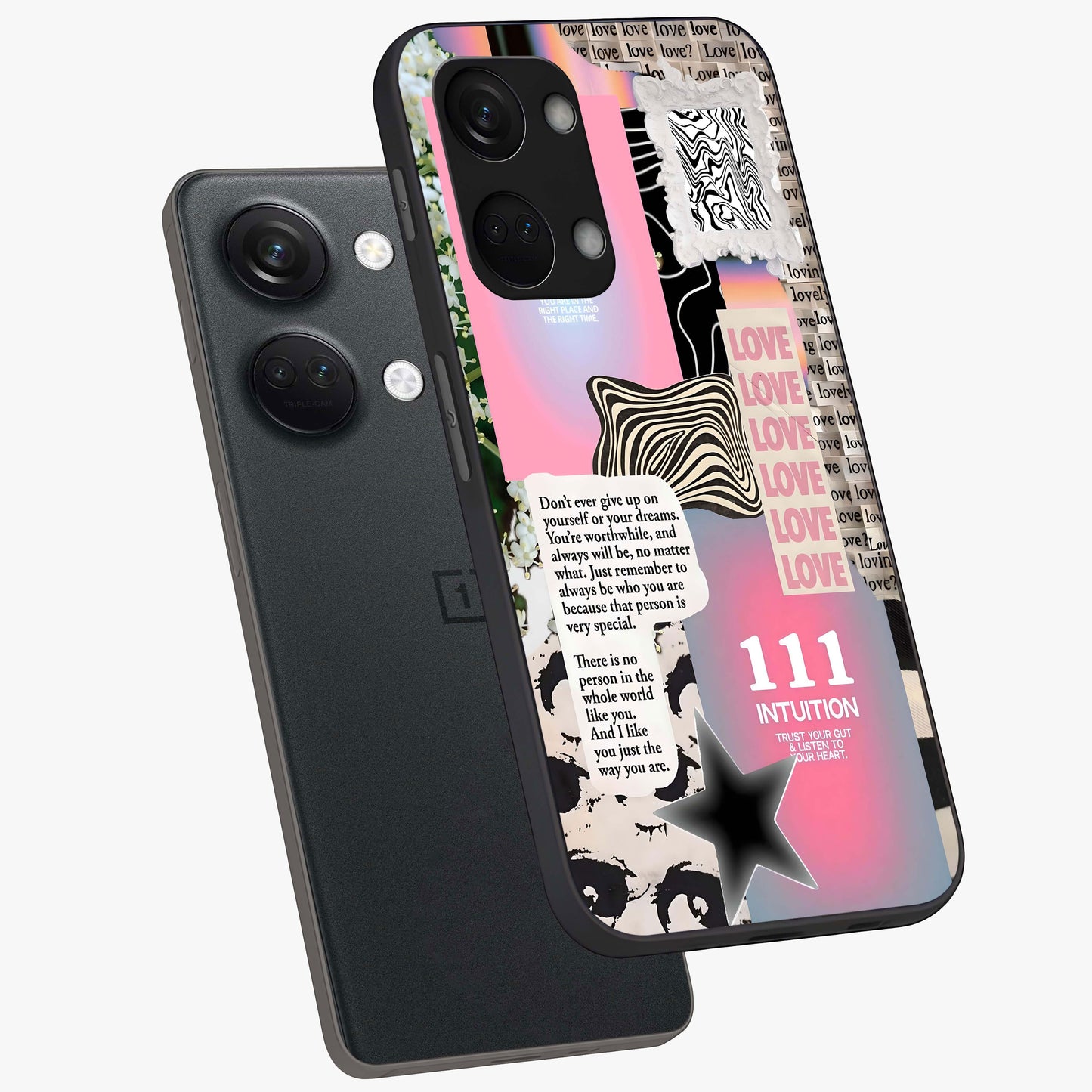Divine Love Vibes Glass Case for 1+Nord 3 angled mockup showcasing glossy finish and warm aesthetic tones