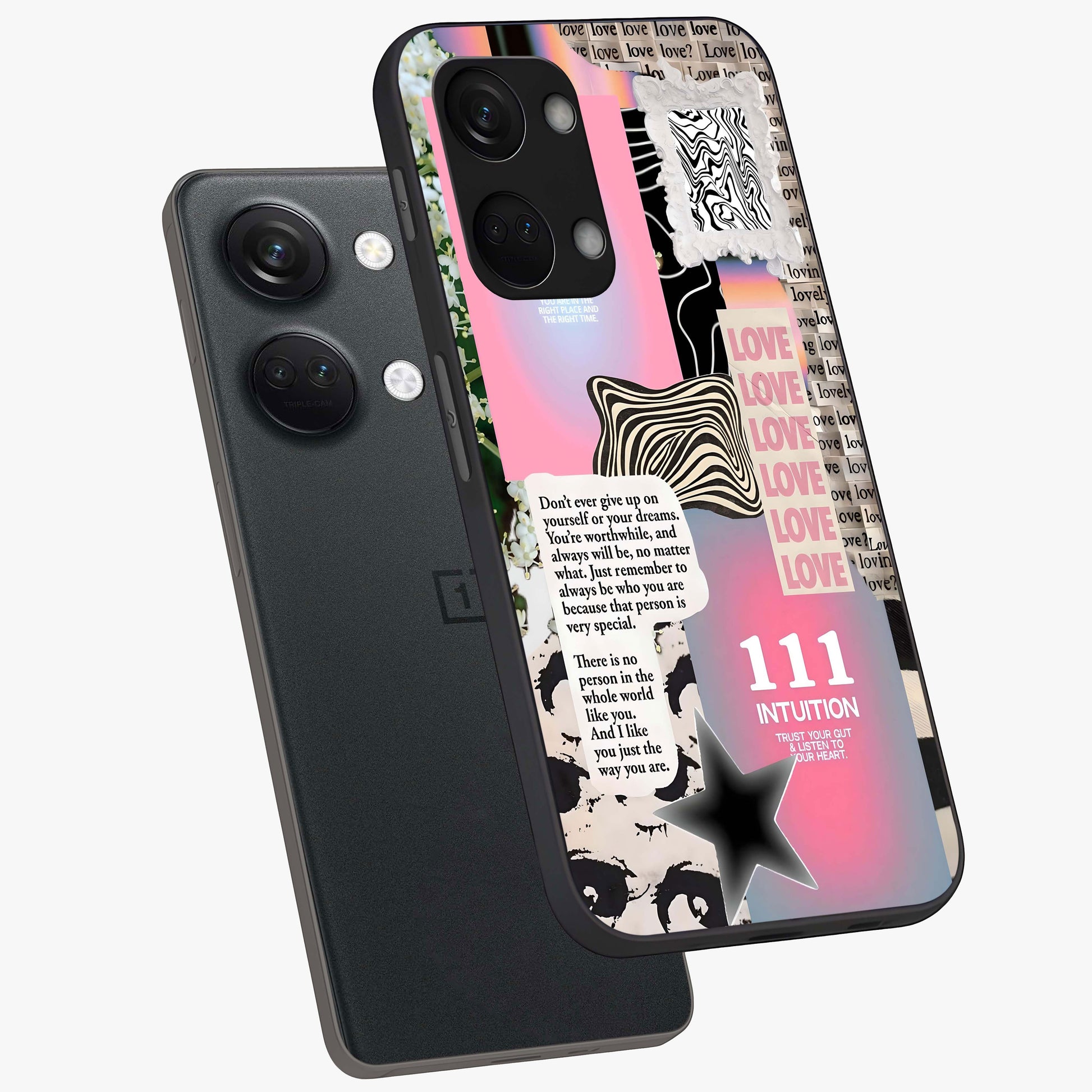 Divine Love Vibes Glass Case for 1+Nord 3 angled mockup showcasing glossy finish and warm aesthetic tones