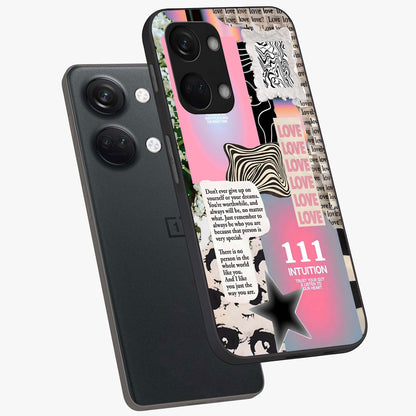 Divine Love Vibes Glass Case for 1+Nord 3 angled mockup showcasing glossy finish and warm aesthetic tones