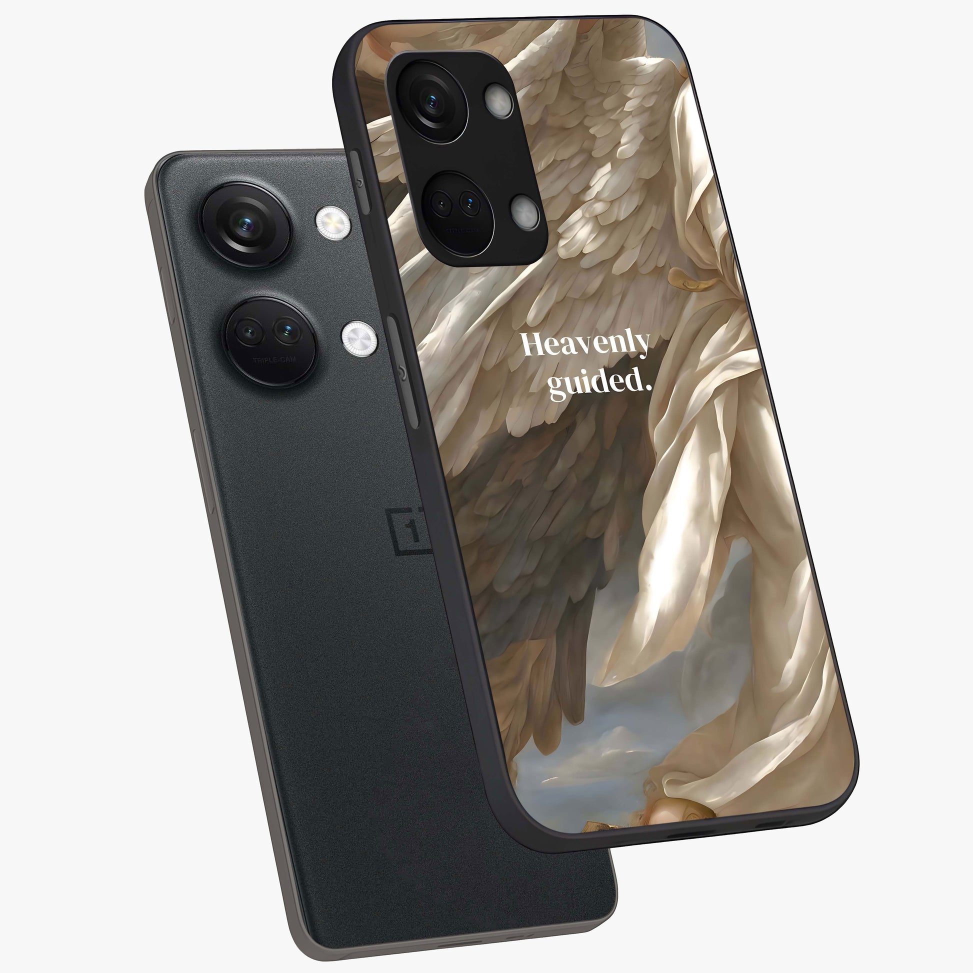 Divine Winged Grace Glass Case for 1+Nord 3 angled mockup showcasing glossy finish and elegant design tones