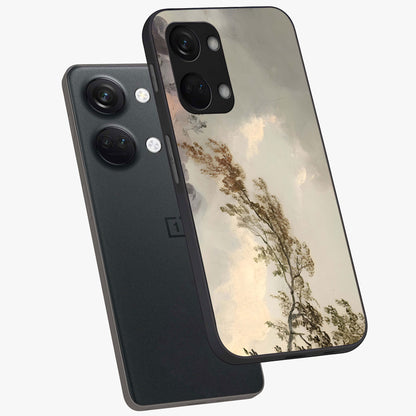 Dreamlike Wind Field Glass Case for 1+Nord 3 angled mockup showcasing glossy glass finish and dreamy landscape detailing