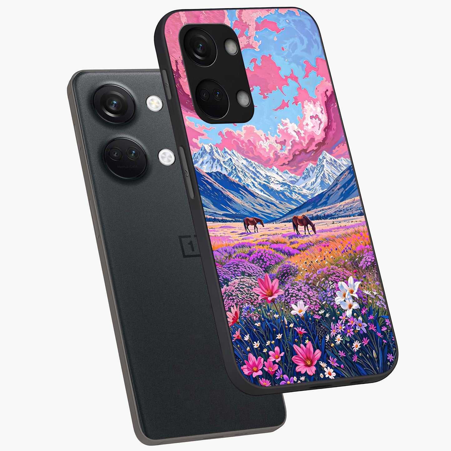 Dreamy Floral Pastures Glass Case for 1+Nord 3 angled mockup showcasing glossy finish and gentle bloom textures