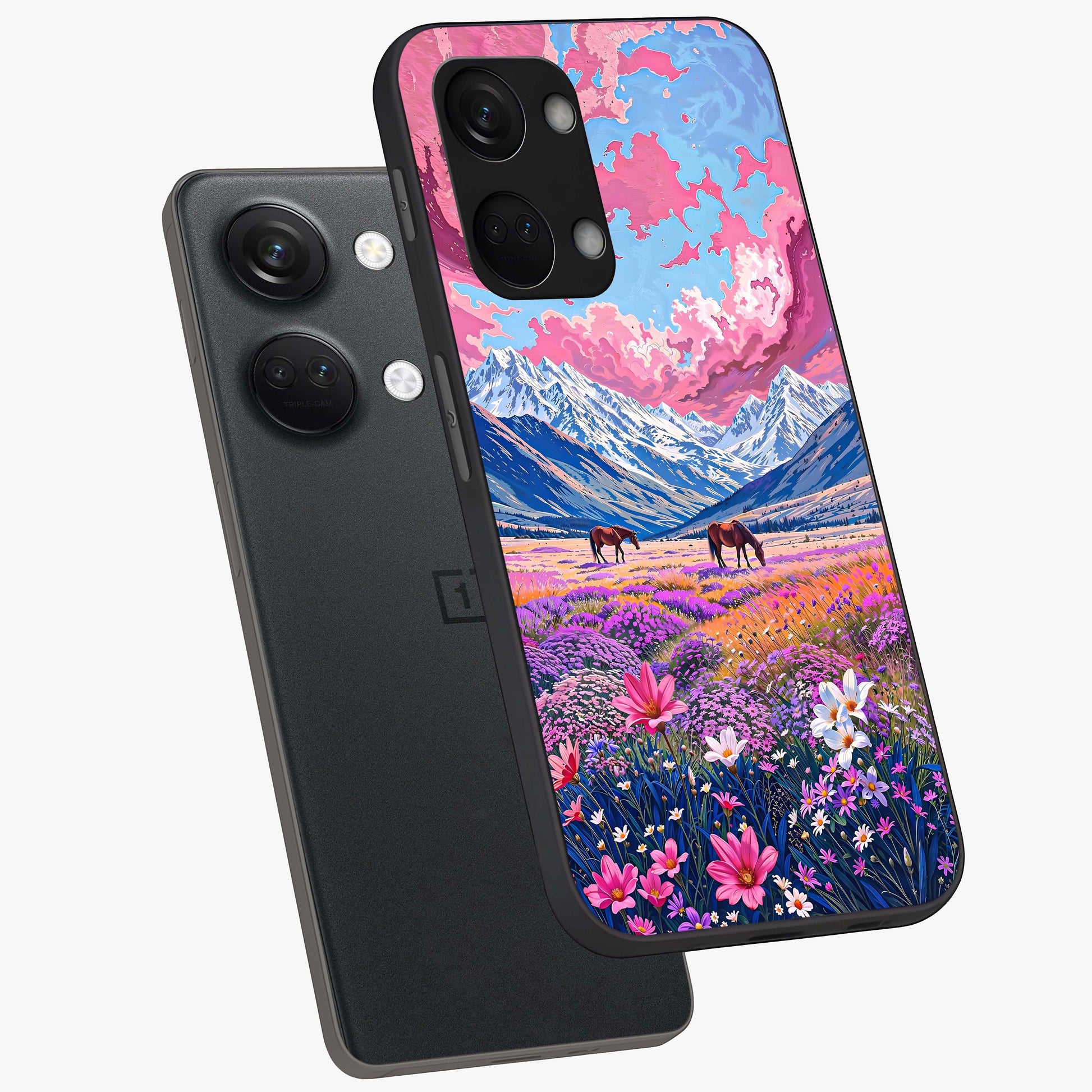 Dreamy Floral Pastures Glass Case for 1+Nord 3 angled mockup showcasing glossy finish and gentle bloom textures