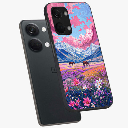 Dreamy Floral Pastures Glass Case for 1+Nord 3 angled mockup showcasing glossy finish and gentle bloom textures