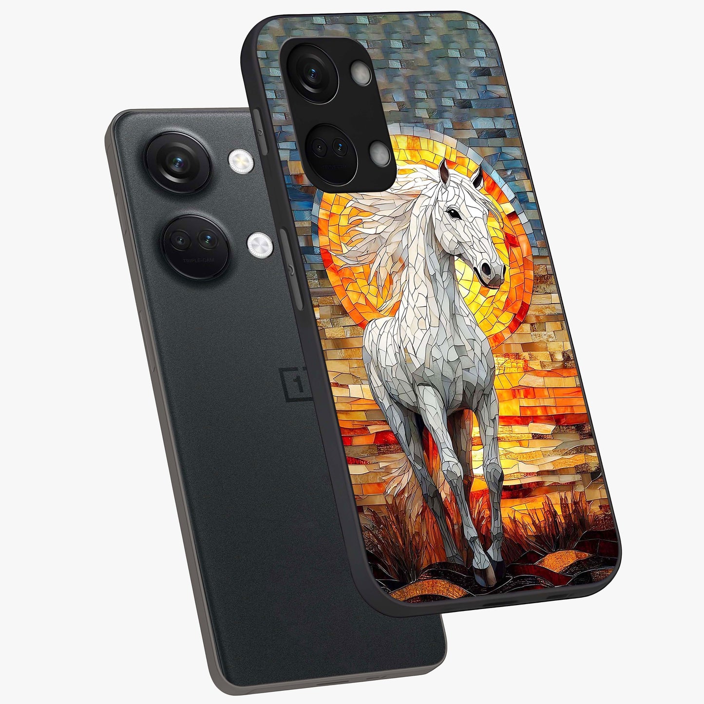 Elected Horse Glass Case for 1+Nord 3 angled mockup showcasing glossy finish and dynamic equestrian detailing