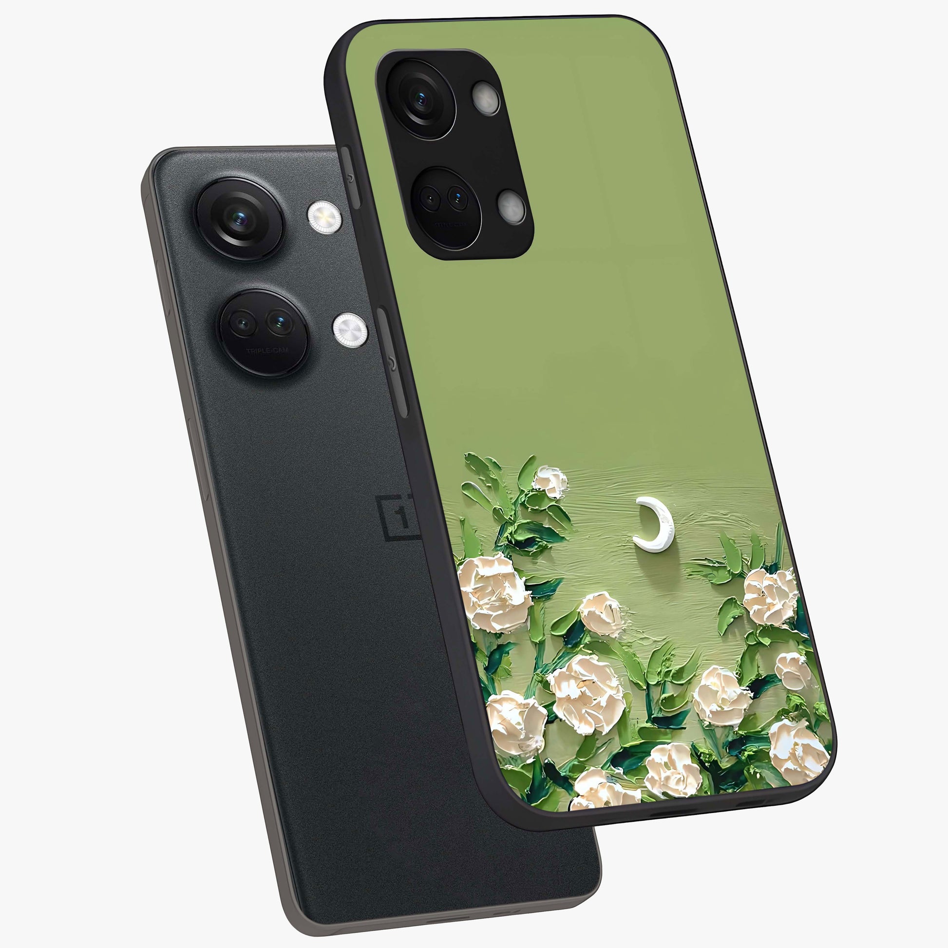 Emerald Bloom Calm Glass Case for 1+Nord 3 angled mockup showcasing glossy finish and rich green tones