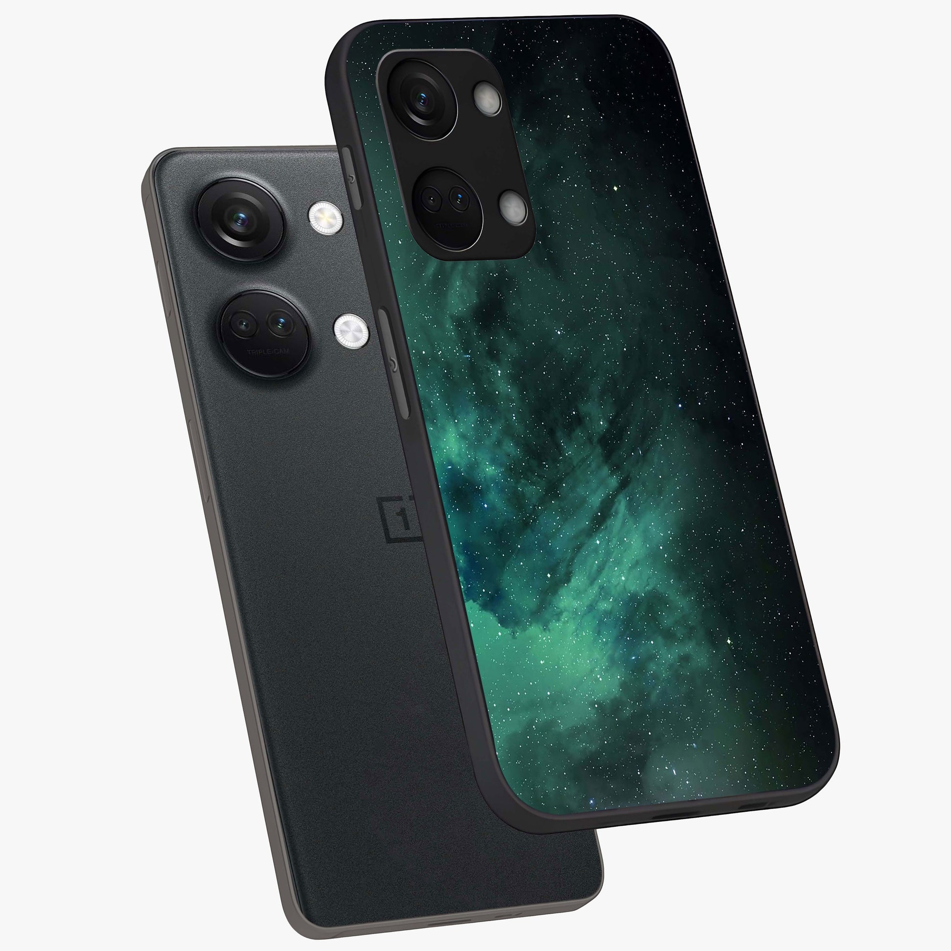 Emerald Green Space Glass Case for 1+Nord 3 angled mockup showcasing glossy finish and bold emerald gradients