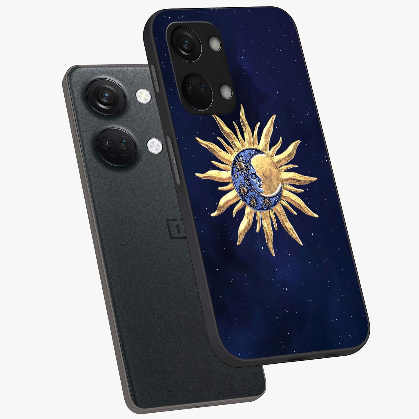Eternal Cosmic Balance Glass Case for 1+Nord 3 angled mockup showcasing glossy finish and celestial gradient tones