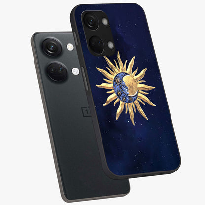 Eternal Cosmic Balance Glass Case for 1+Nord 3 angled mockup showcasing glossy finish and celestial gradient tones