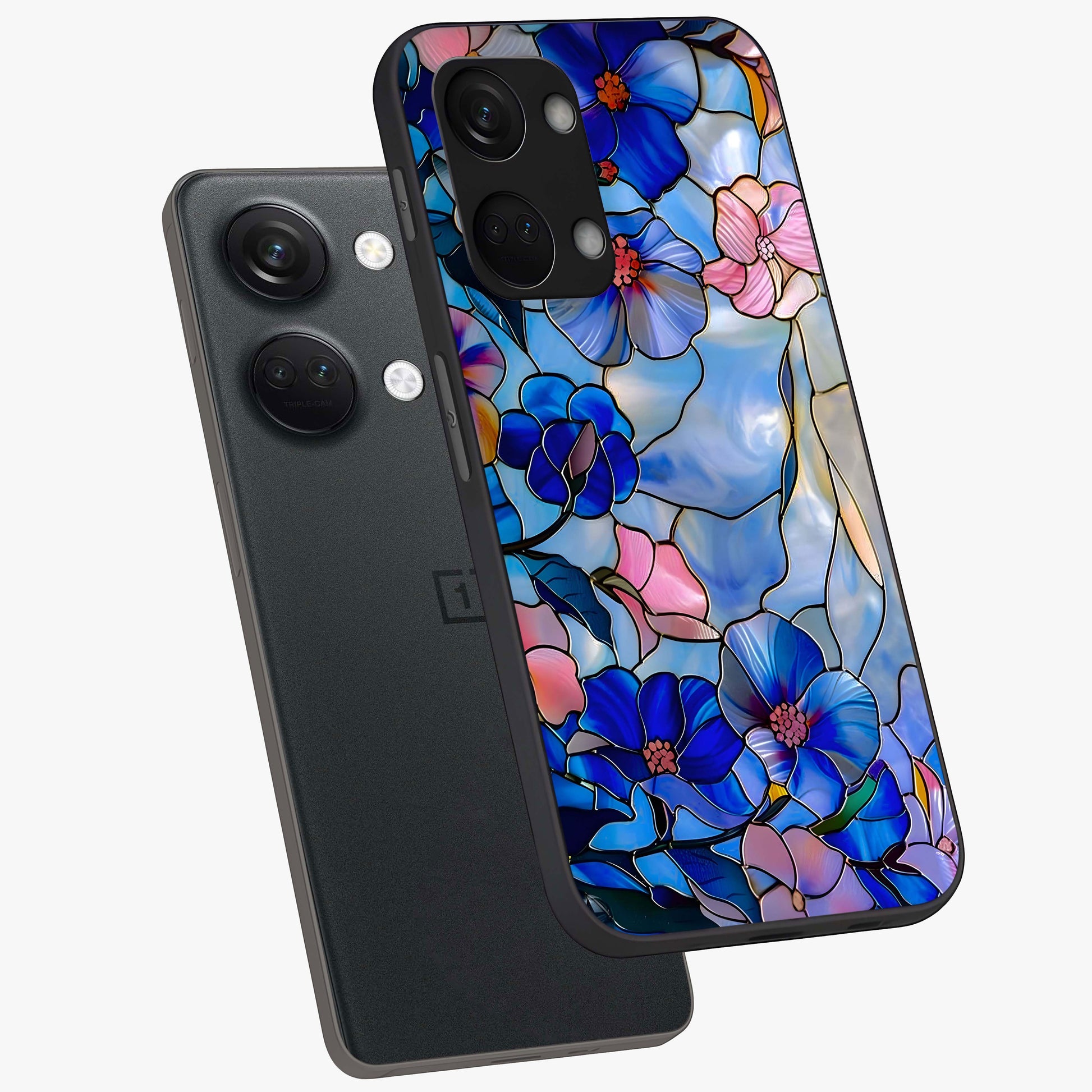 Eternal Floral Stained Glass Case for 1+Nord 3 angled mockup showcasing glossy finish and vibrant mosaic textures