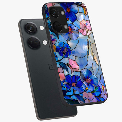 Eternal Floral Stained Glass Case for 1+Nord 3 angled mockup showcasing glossy finish and vibrant mosaic textures
