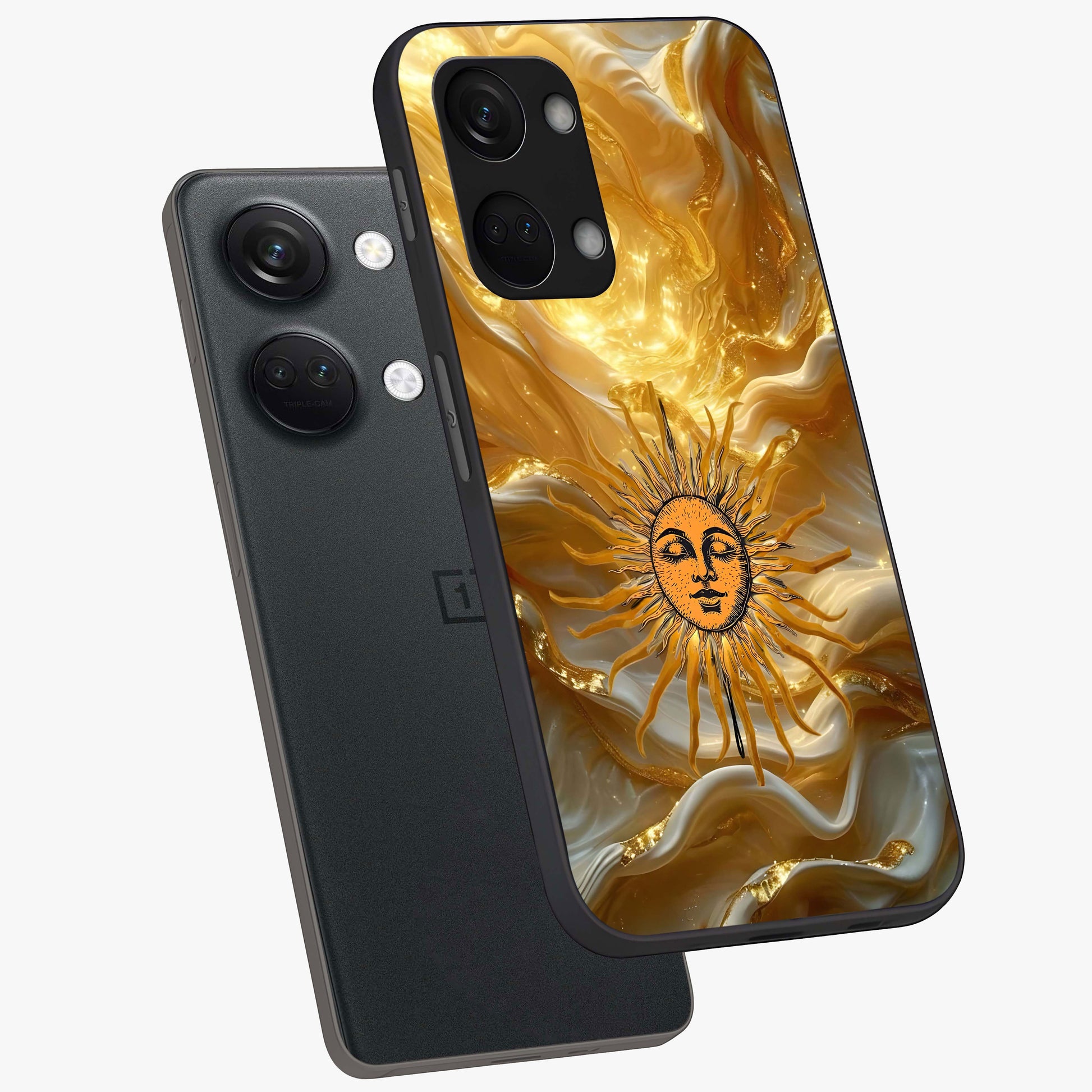 Eternal Golden Glow Glass Case for 1+Nord 3 angled mockup showcasing glossy glass finish and luminous gold tones