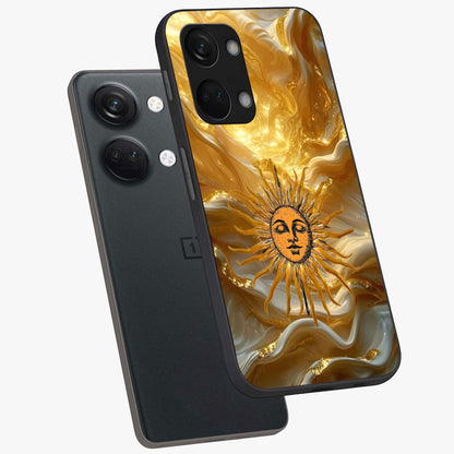 Eternal Golden Glow Glass Case for 1+Nord 3 angled mockup showcasing glossy glass finish and luminous gold tones