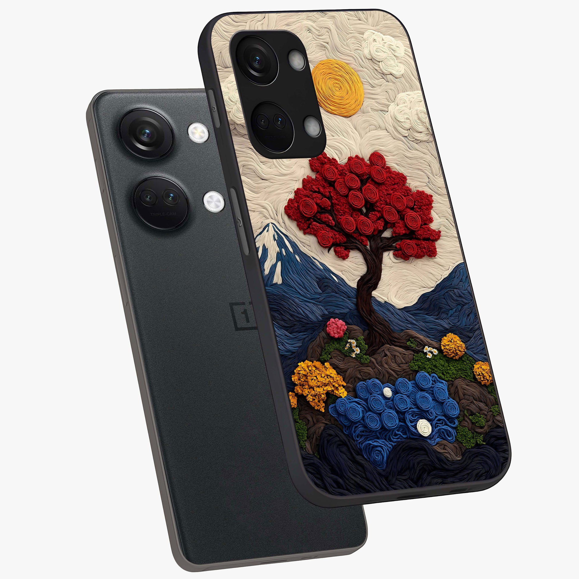 Eternal Nature Tapestry Glass Case for 1+Nord 3 angled mockup showcasing glossy finish and detailed botanical patterns