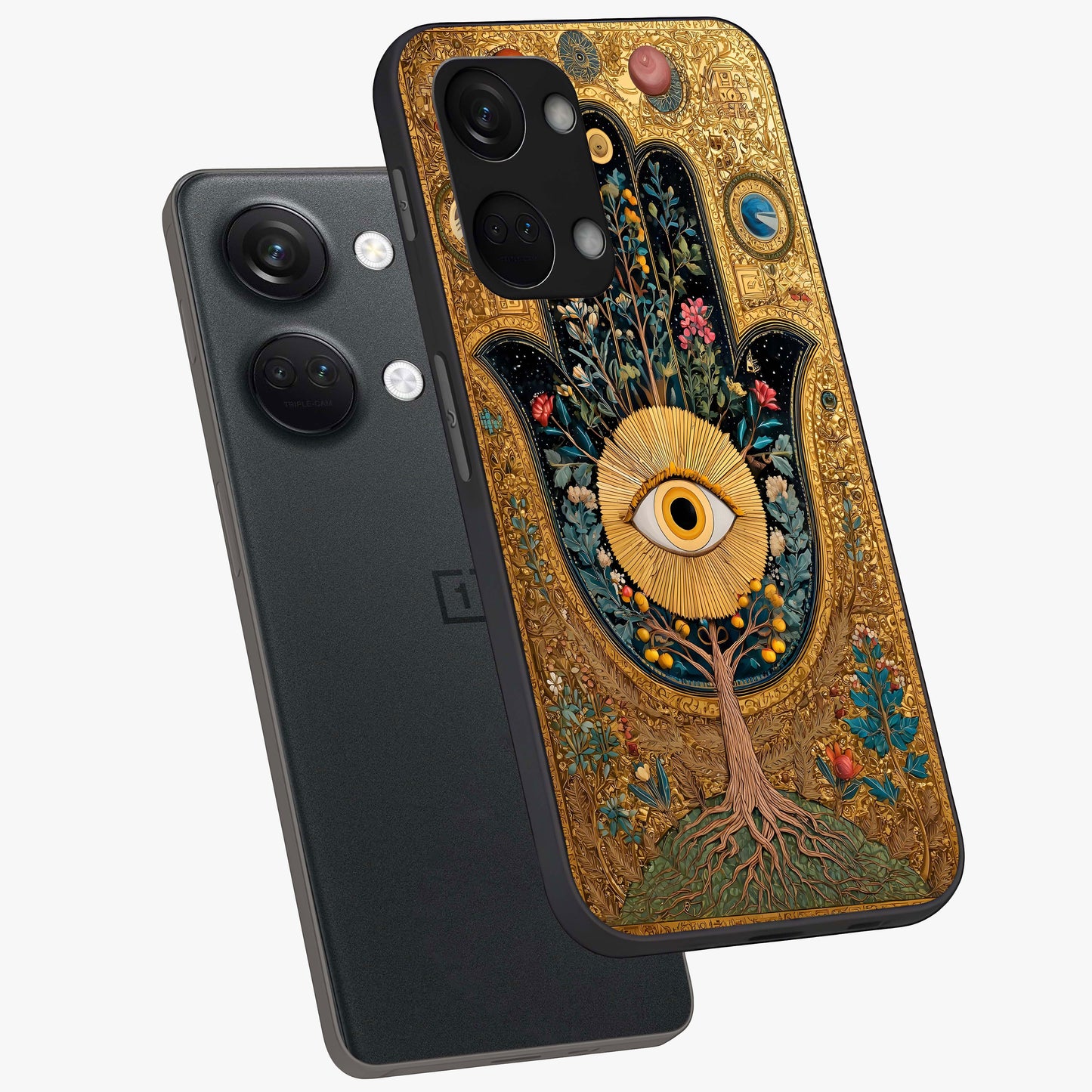 Ethereal Evil Eye Glass Case for 1+Nord 3 angled mockup showcasing glossy finish and celestial blue tones