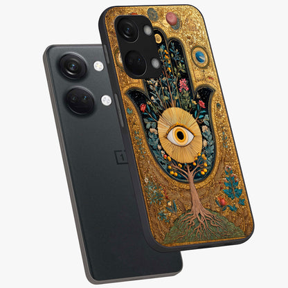 Ethereal Evil Eye Glass Case for 1+Nord 3 angled mockup showcasing glossy finish and celestial blue tones