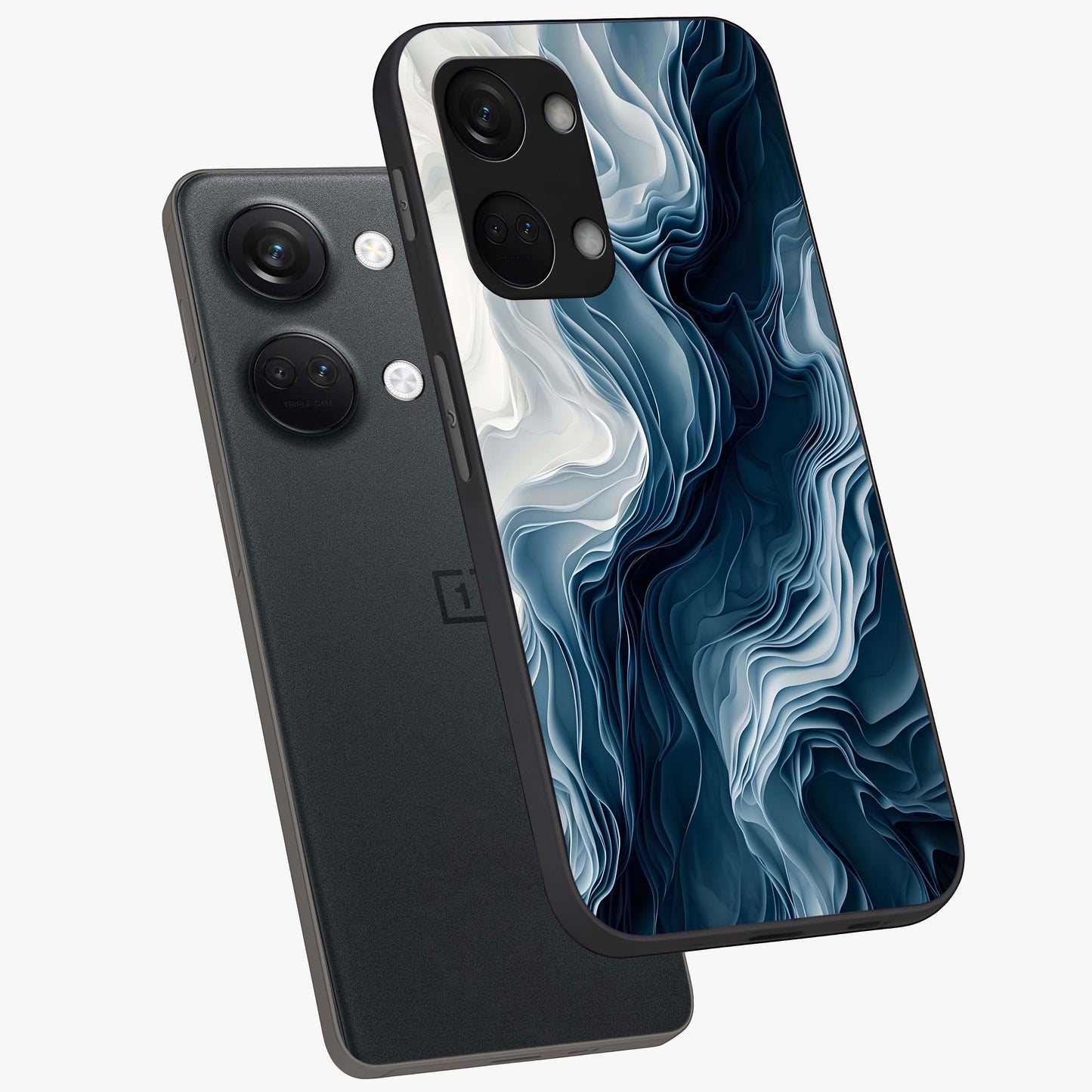 Ethereal Paper Marble Glass Case for 1+Nord 3 angled mockup showcasing glossy finish and soft blended textures