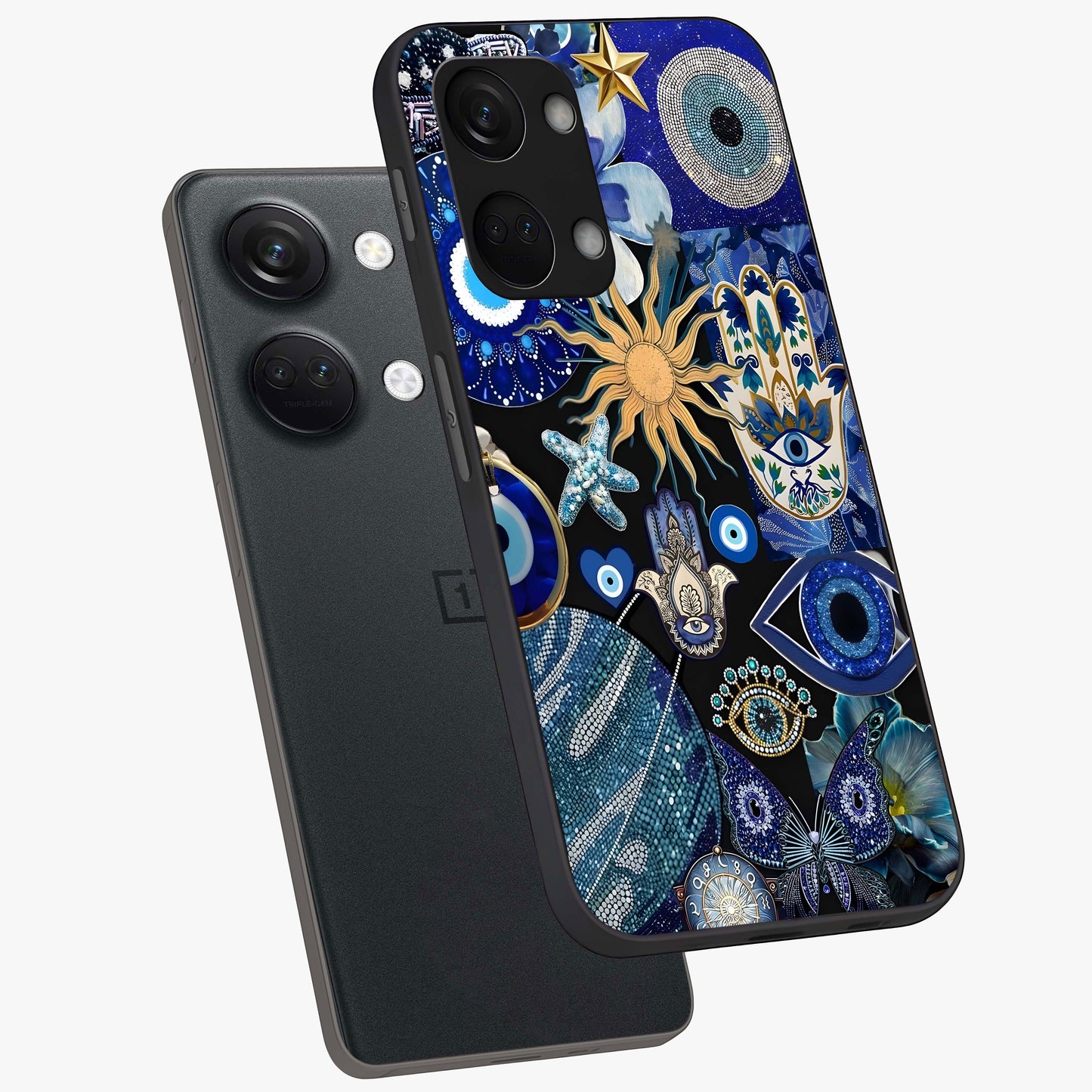 Evil Eye Charm Mix Glass Case for 1+Nord 3 angled mockup showcasing glossy finish and bold blue tones