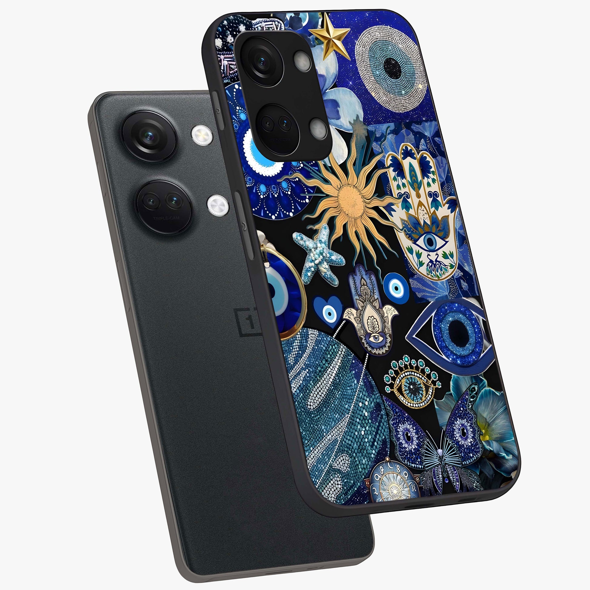Evil Eye Charm Mix Glass Case for 1+Nord 3 angled mockup showcasing glossy finish and bold blue tones