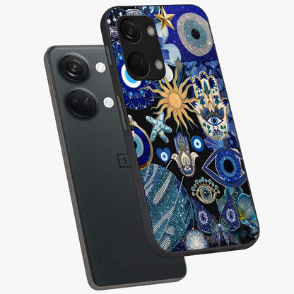 Evil Eye Charm Mix Glass Case for 1+Nord 3 angled mockup showcasing glossy finish and bold blue tones