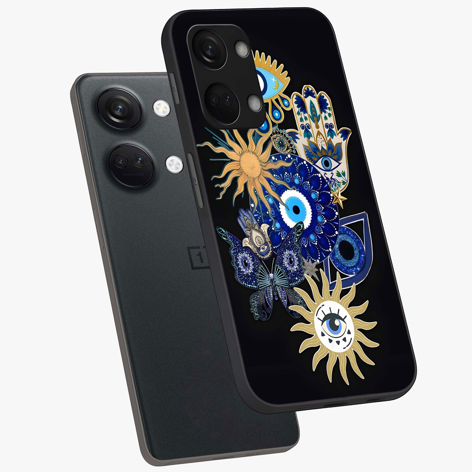 Evil Eye Charm Vibes Glass Case for 1+Nord 3 angled mockup showcasing glossy finish and protective symbol detailing