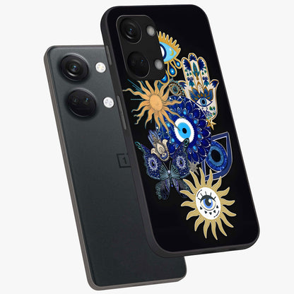 Evil Eye Charm Vibes Glass Case for 1+Nord 3 angled mockup showcasing glossy finish and protective symbol detailing