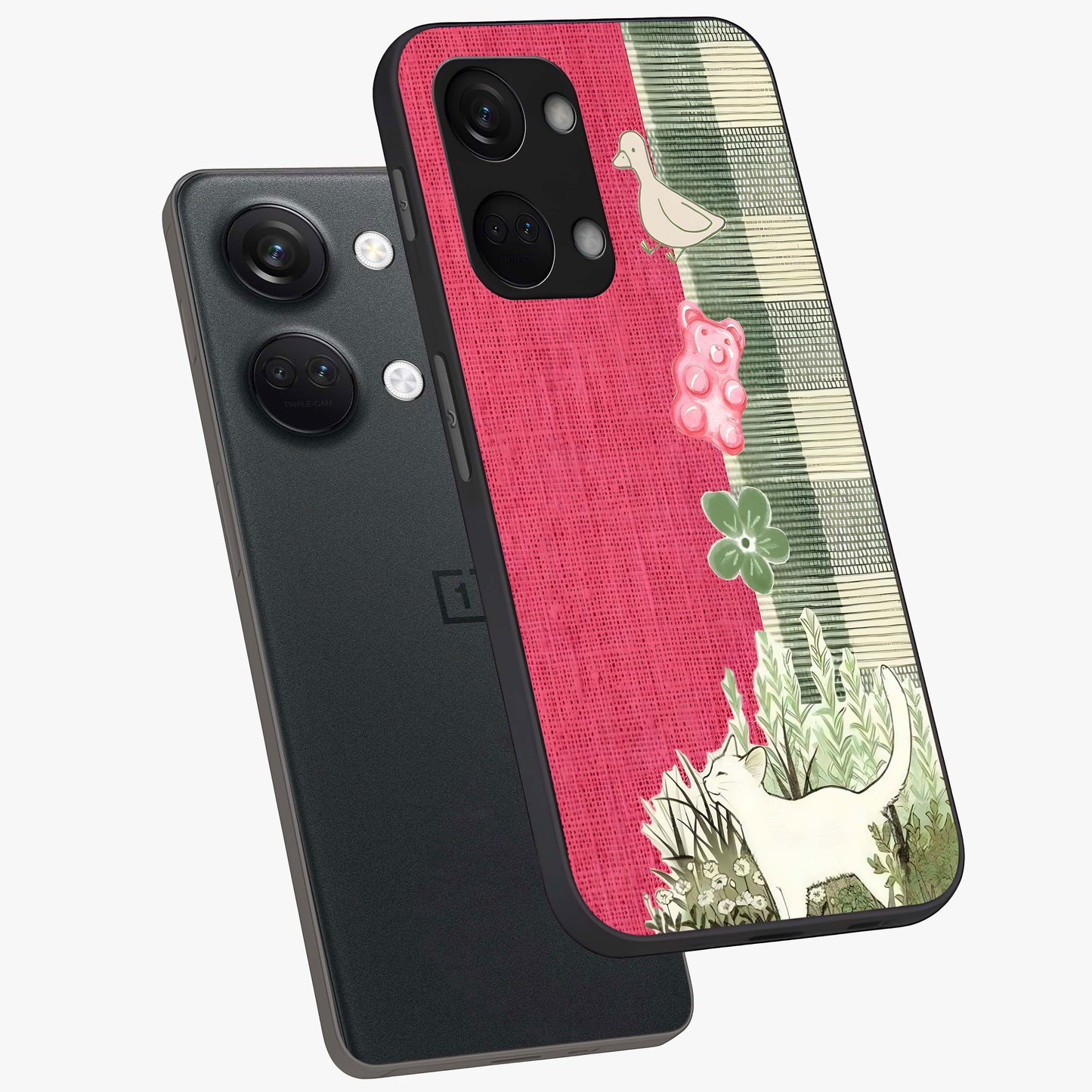 Fabric Patterns Glass Case for 1+Nord 3 angled mockup showcasing glossy finish and intricate fabric detailing