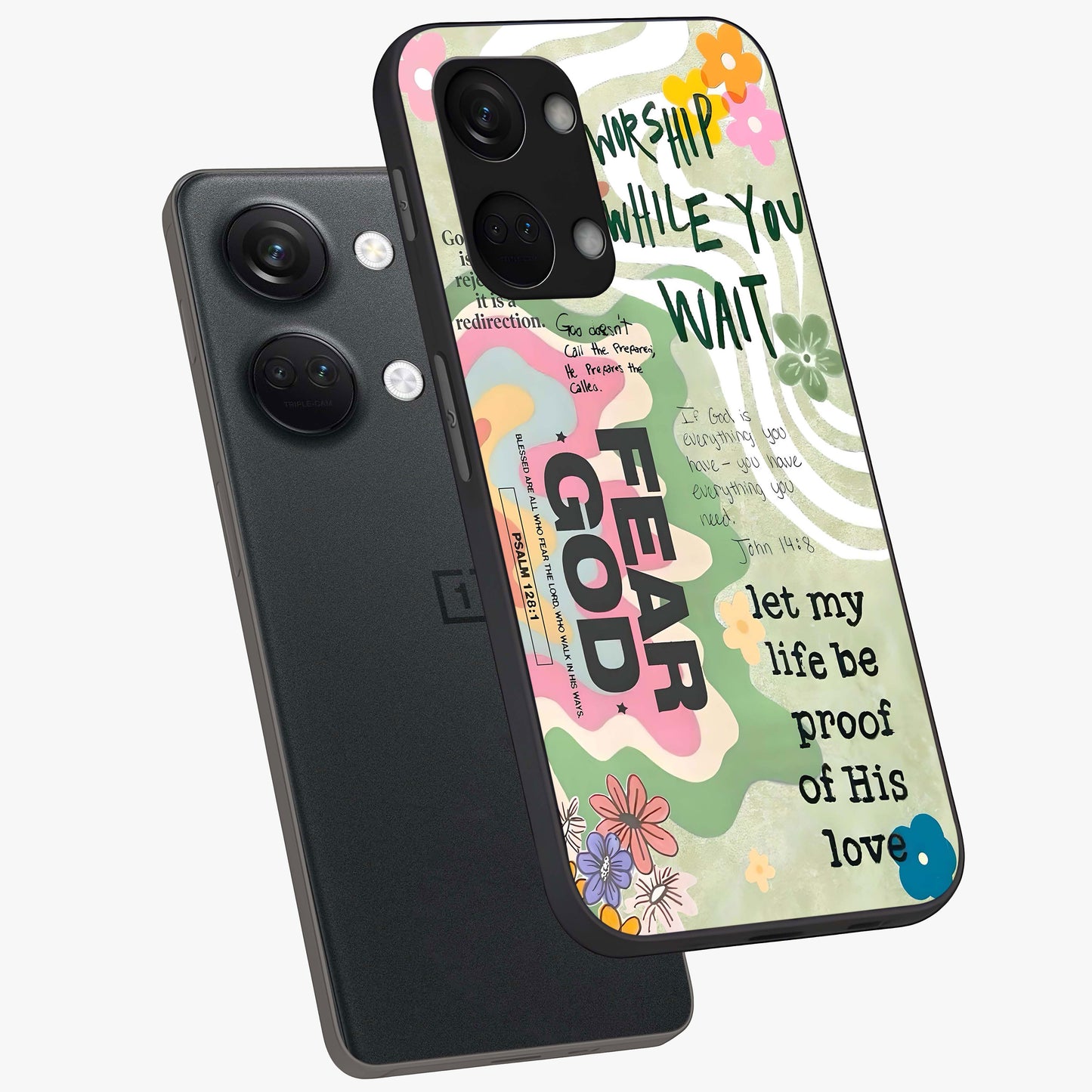 Faith Over Fear Glass Case for 1+Nord 3 angled mockup showcasing glossy finish and clean modern design