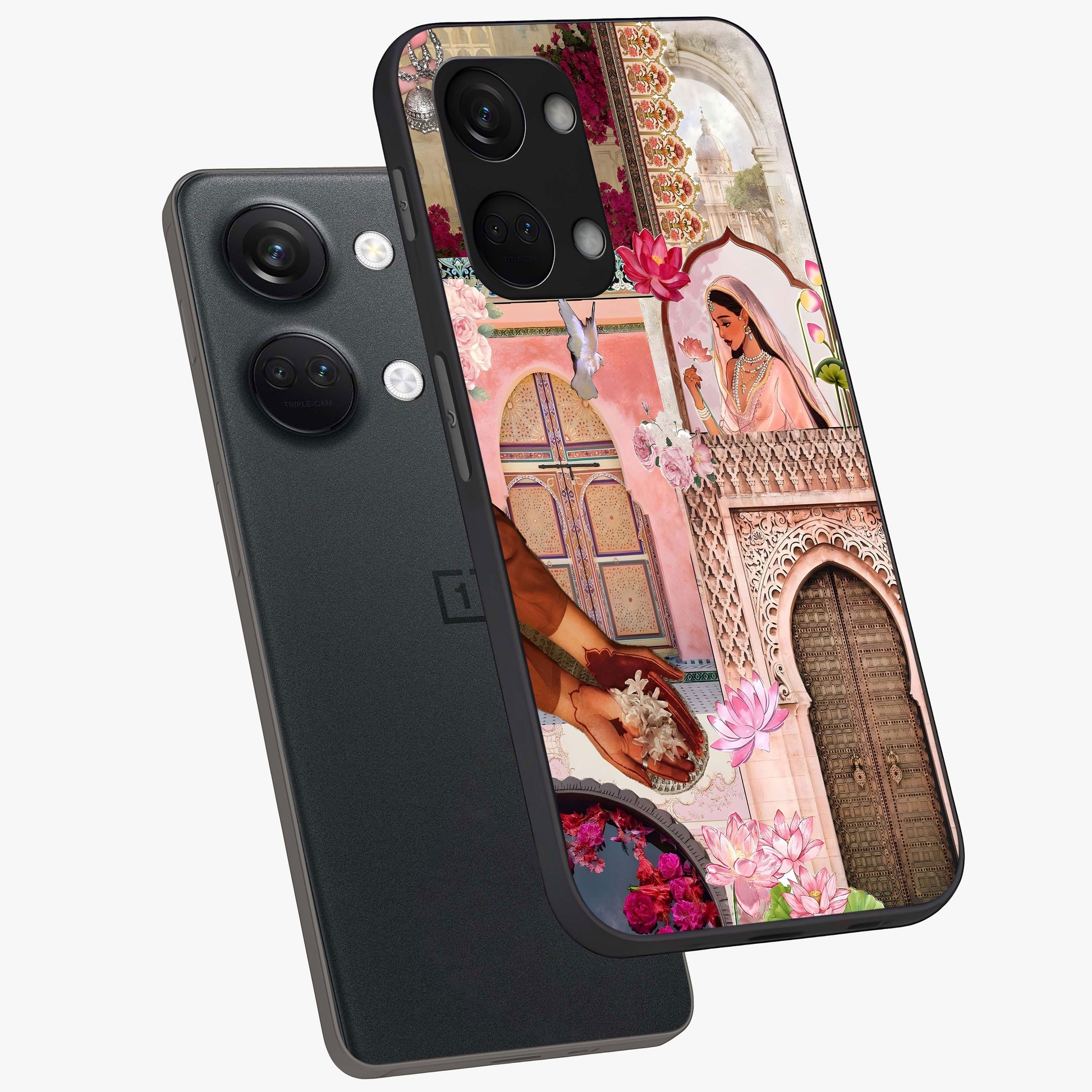 Floral Courtyard Muse Glass Case for 1+Nord 3 angled mockup showcasing glossy finish and delicate bloom detailing