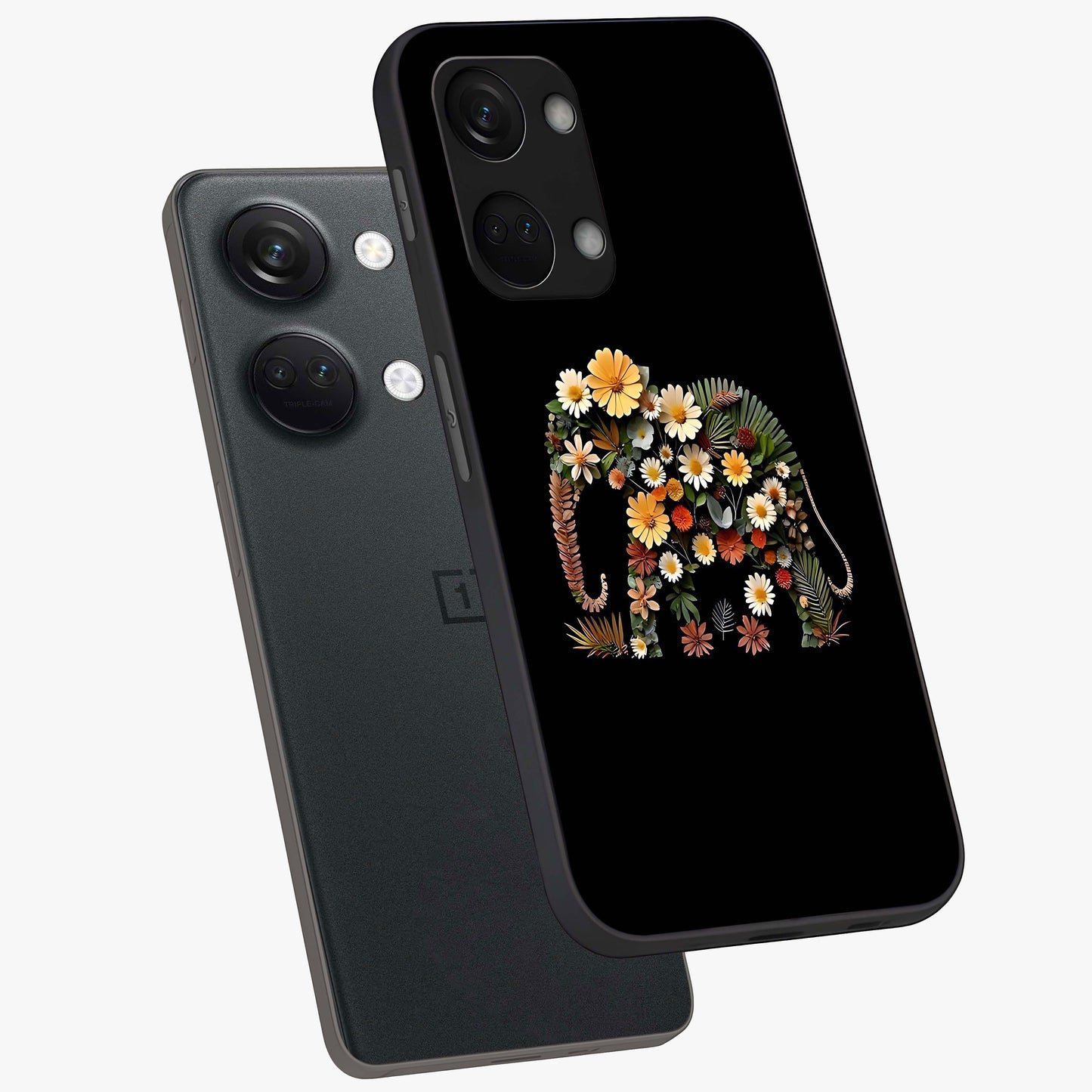 Floral Elephant Glass Case for 1+Nord 3 angled mockup showcasing glossy finish and vibrant cultural tones