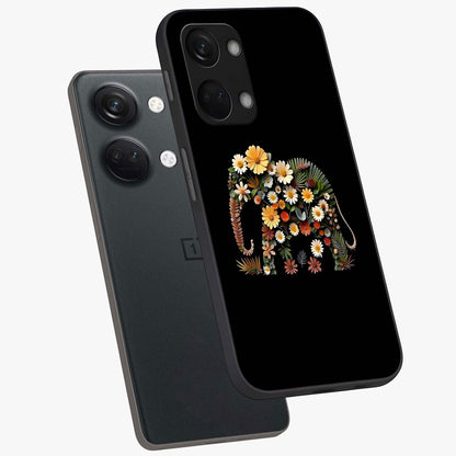 Floral Elephant Glass Case for 1+Nord 3 angled mockup showcasing glossy finish and vibrant cultural tones