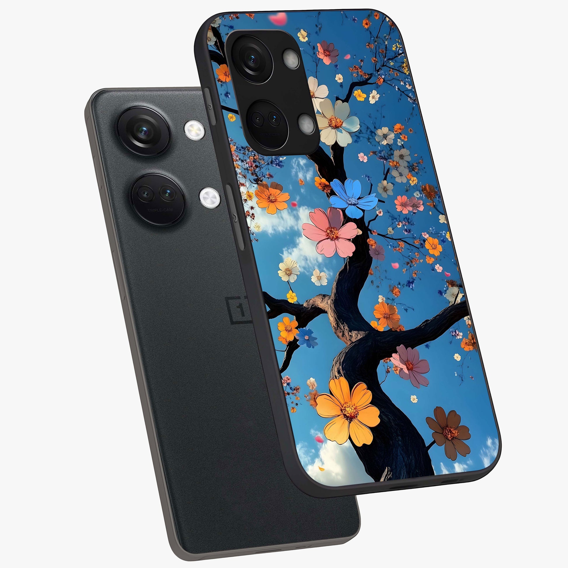 Floral Tree Glass Case for 1+Nord 3 angled mockup showcasing glossy finish and detailed branch textures