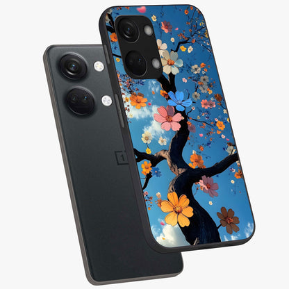 Floral Tree Glass Case for 1+Nord 3 angled mockup showcasing glossy finish and detailed branch textures