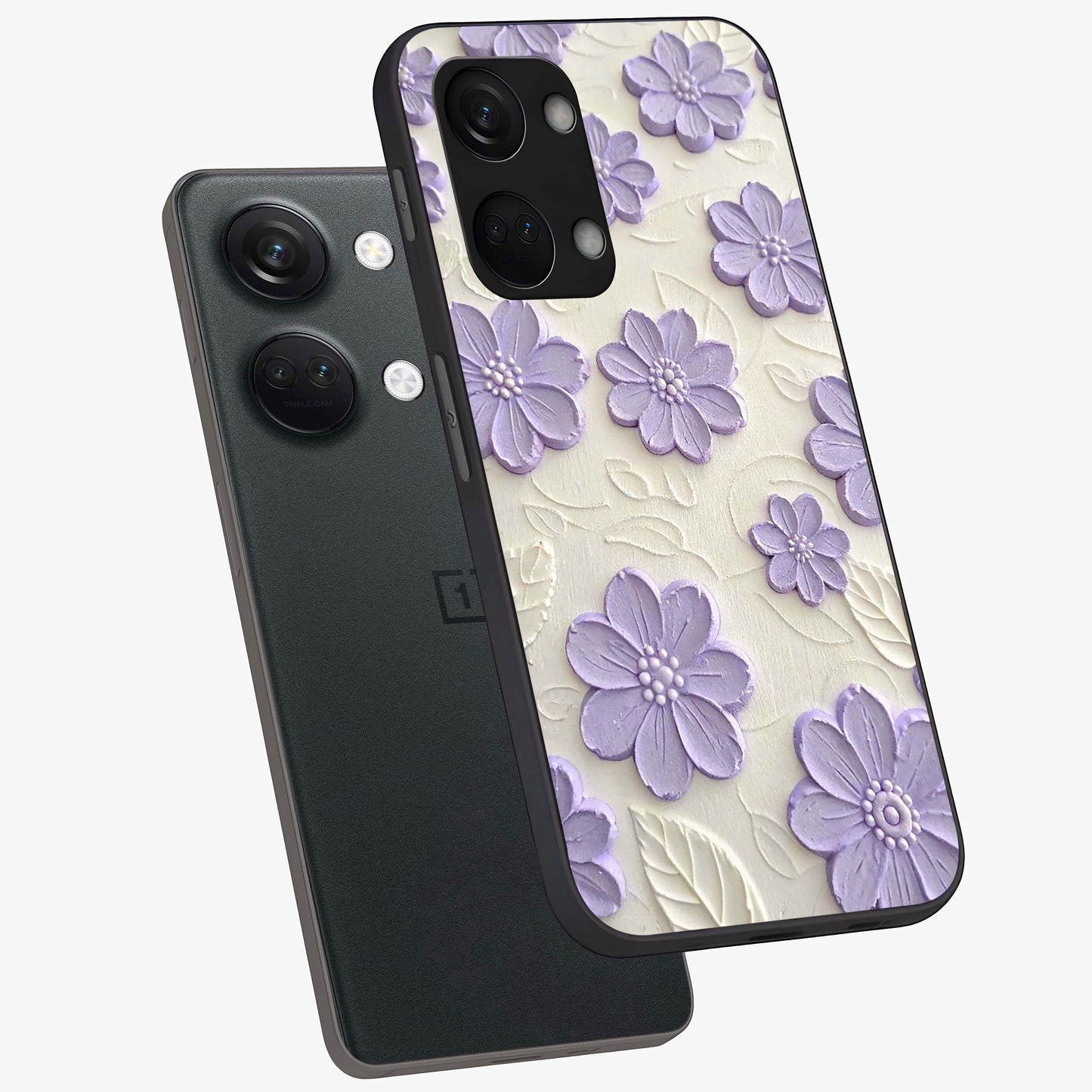 Floral Wall Art With Purple Flowers Glass Case for 1+Nord 3 angled mockup showcasing glossy finish and rich violet tones