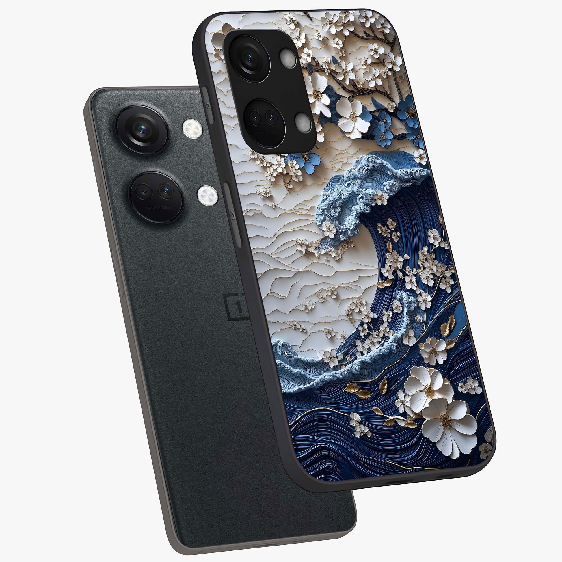 Floral Wave Origami Glass Case for 1+Nord 3 angled mockup showcasing glossy glass finish and geometric bloom detailing