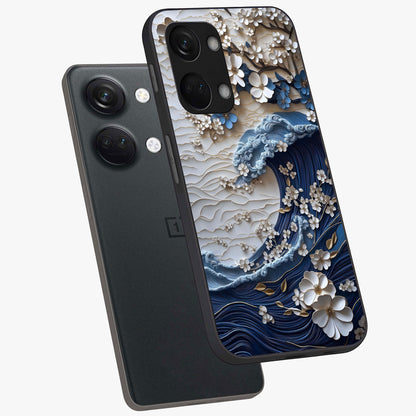 Floral Wave Origami Glass Case for 1+Nord 3 angled mockup showcasing glossy glass finish and geometric bloom detailing