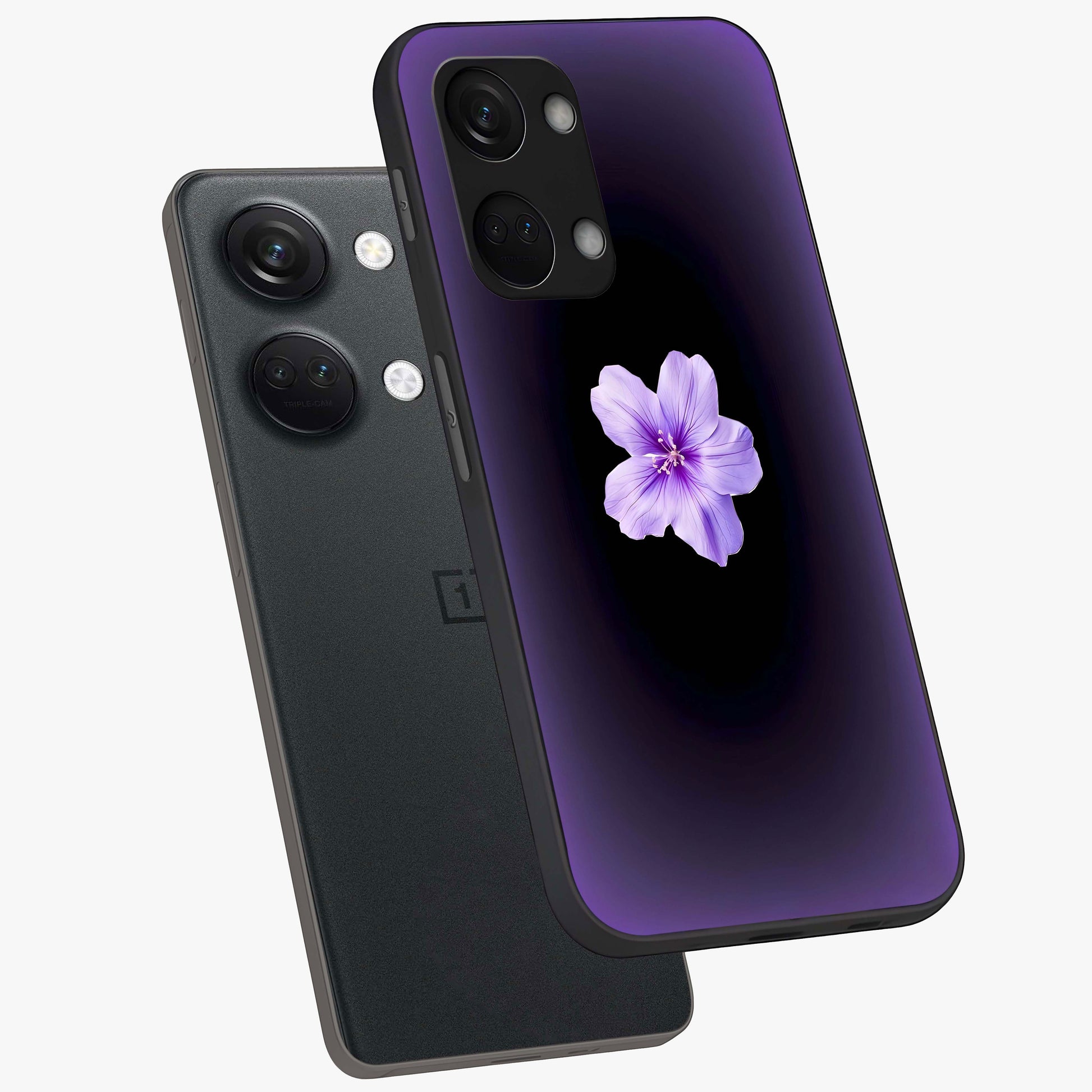 Flower on Soft Violet Gradient Glass Case for 1+Nord 3 angled mockup showcasing glossy finish and pastel purple tones