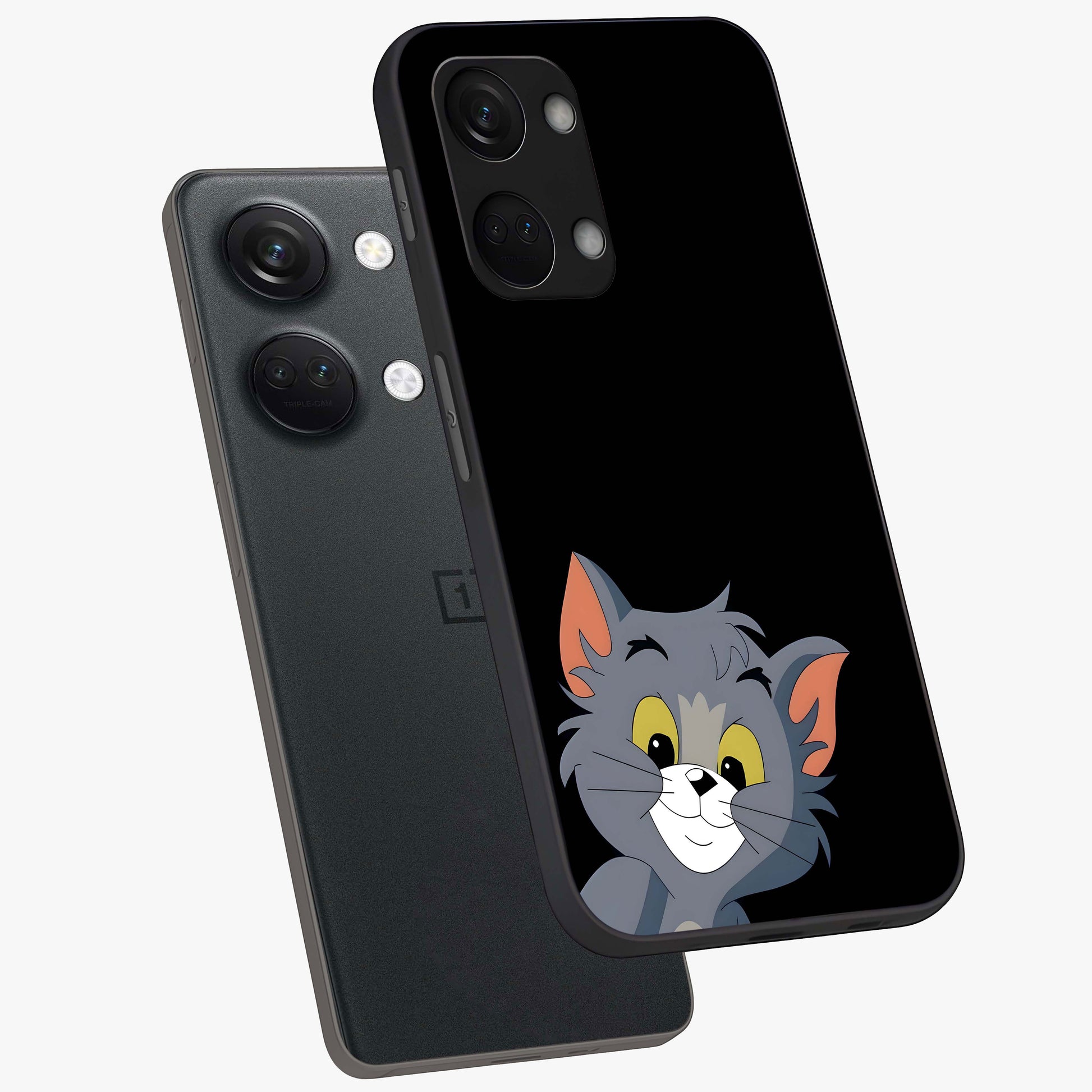 Forever Chasing Love Tom Glass Case for 1+Nord 3 angled mockup showcasing glossy finish and lively cartoon detailing