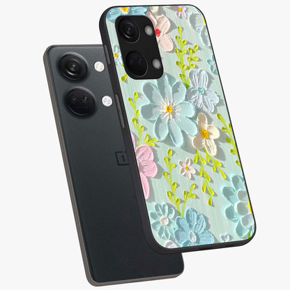 Frosted Petal Garden Glass Case for 1+Nord 3 angled mockup showcasing glossy finish and pastel bloom detailing