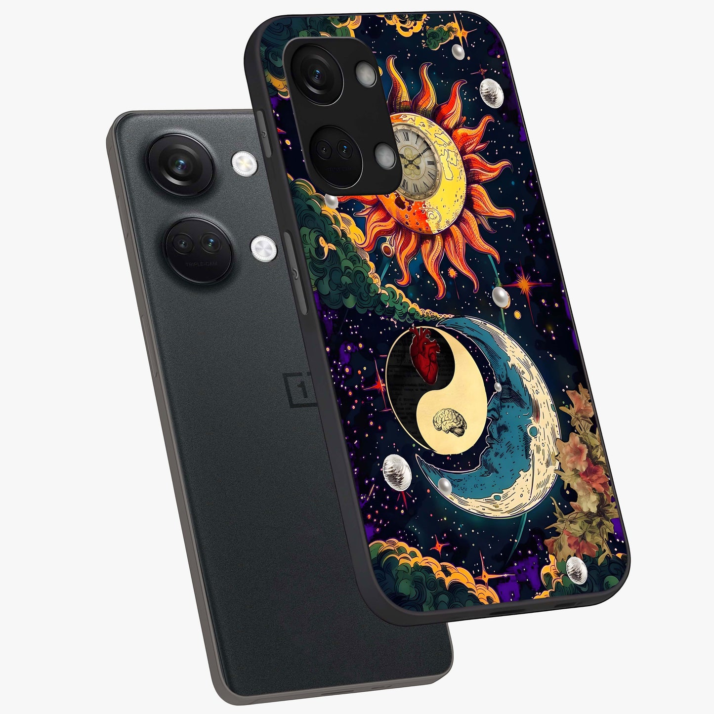 Future Universe Glass Case for 1+Nord 3 angled mockup showcasing glossy finish and vibrant space tones