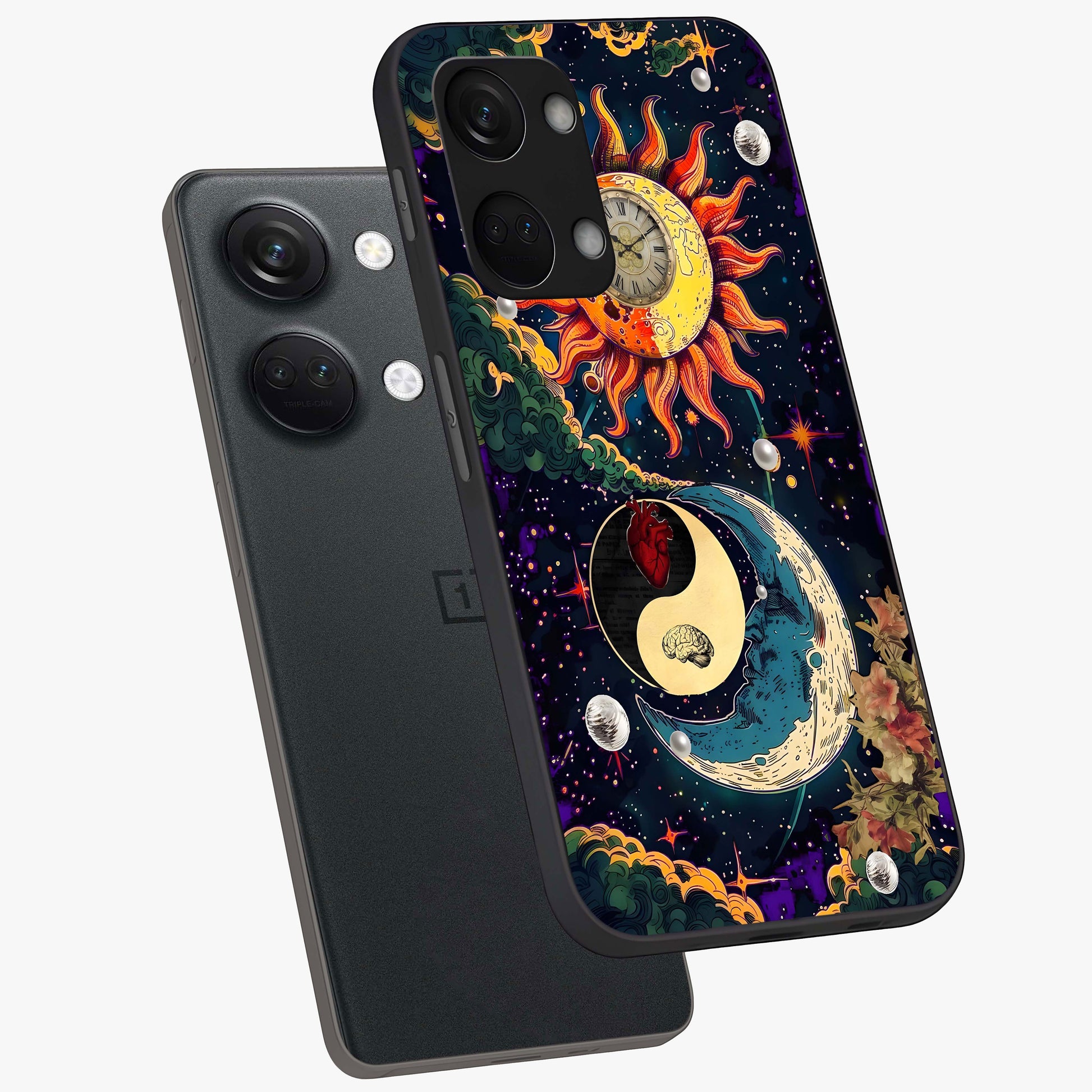 Future Universe Glass Case for 1+Nord 3 angled mockup showcasing glossy finish and vibrant space tones