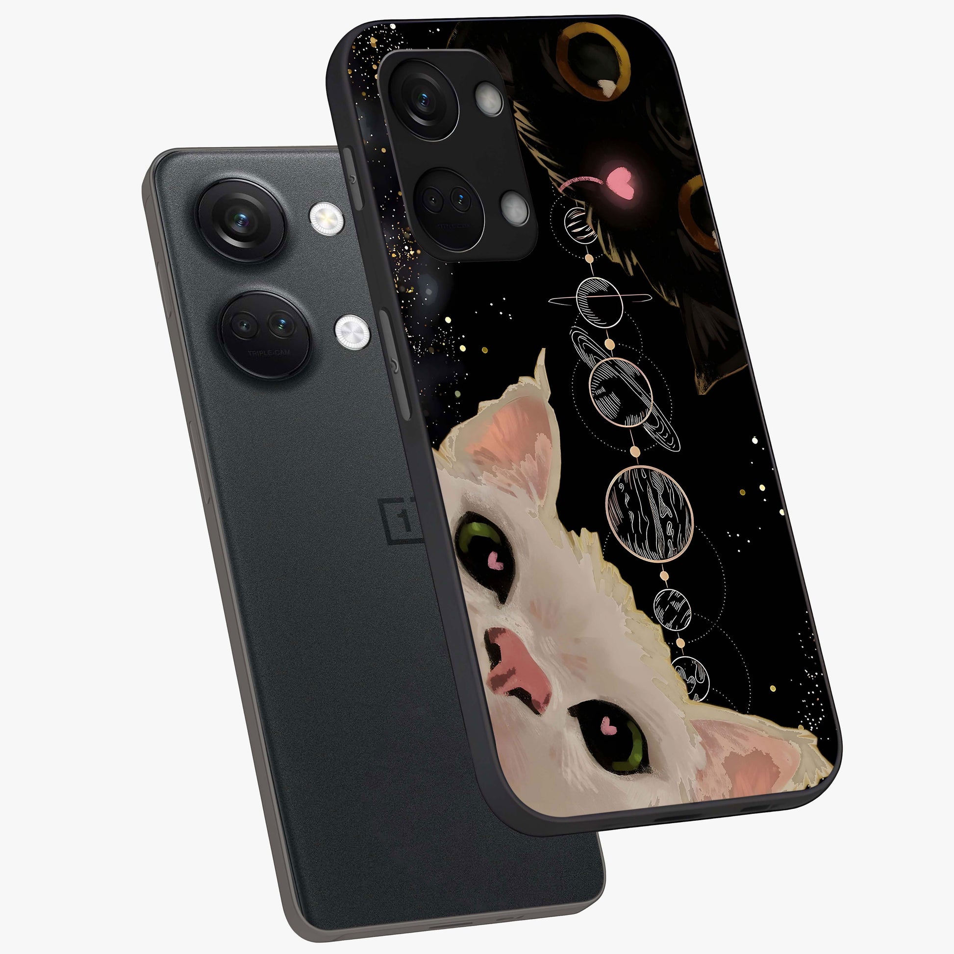 Galactic Cat Glass Case for 1+Nord 3 angled mockup showcasing glossy finish and luminous space detailing