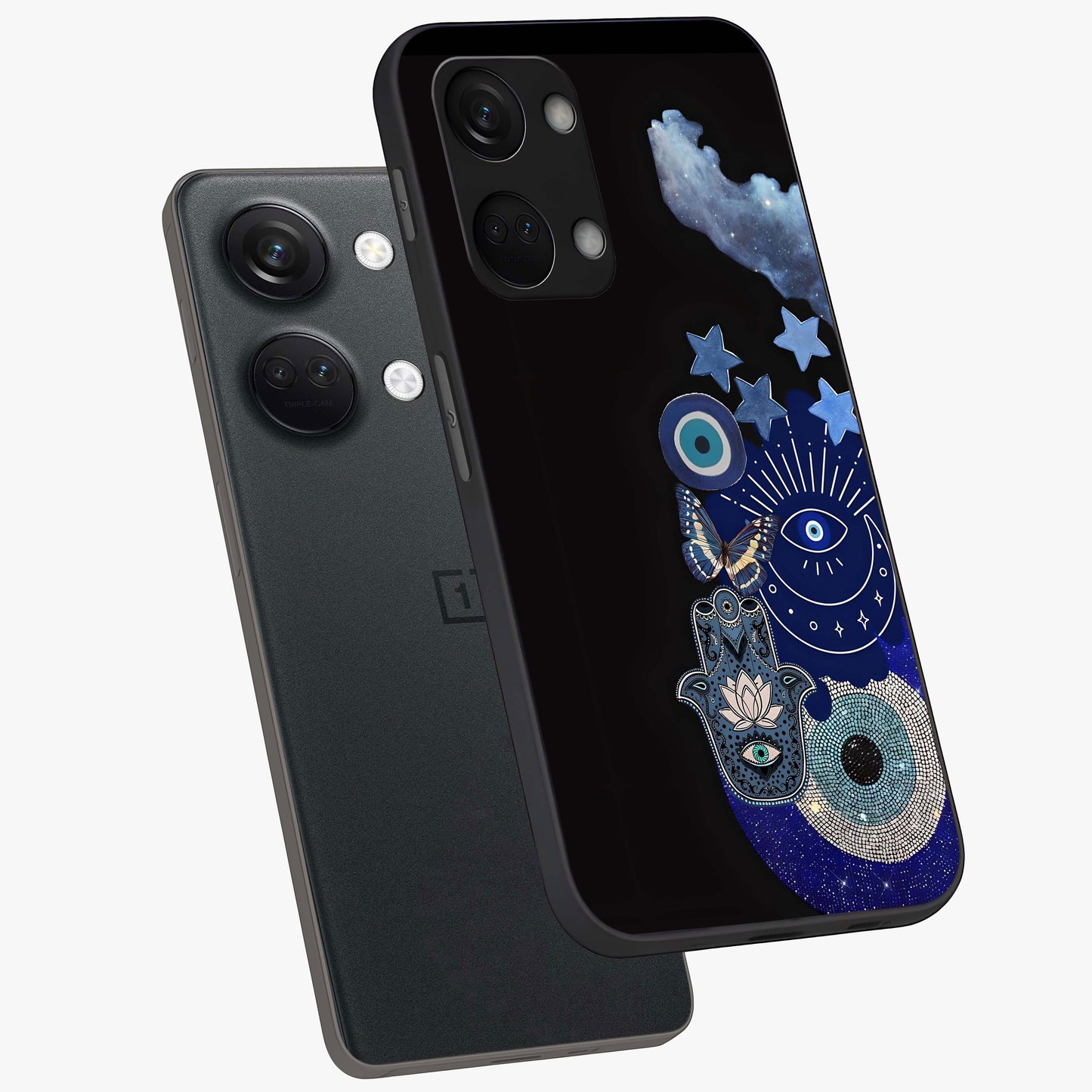 Galactic Charm Cluster Glass Case for 1+Nord 3 angled mockup showcasing glossy finish and vibrant star detailing