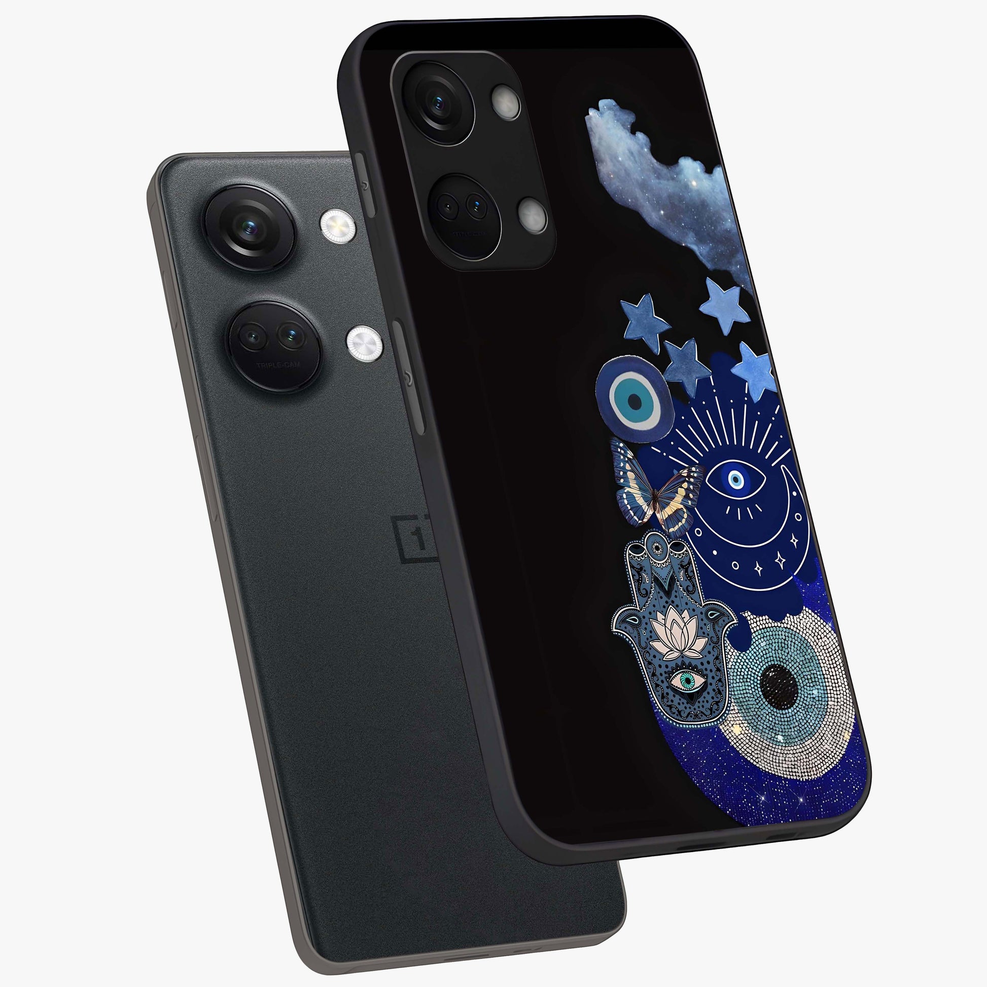 Galactic Charm Cluster Glass Case for 1+Nord 3 angled mockup showcasing glossy finish and vibrant star detailing